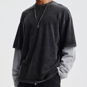 T-shirt à manches longues vintage pour homme 275G, surdimensionné, délavé à l'acide, 100% coton, logo personnalisé, streetwear, faux deux pièces, t-shirts pour homme - Product Image 1