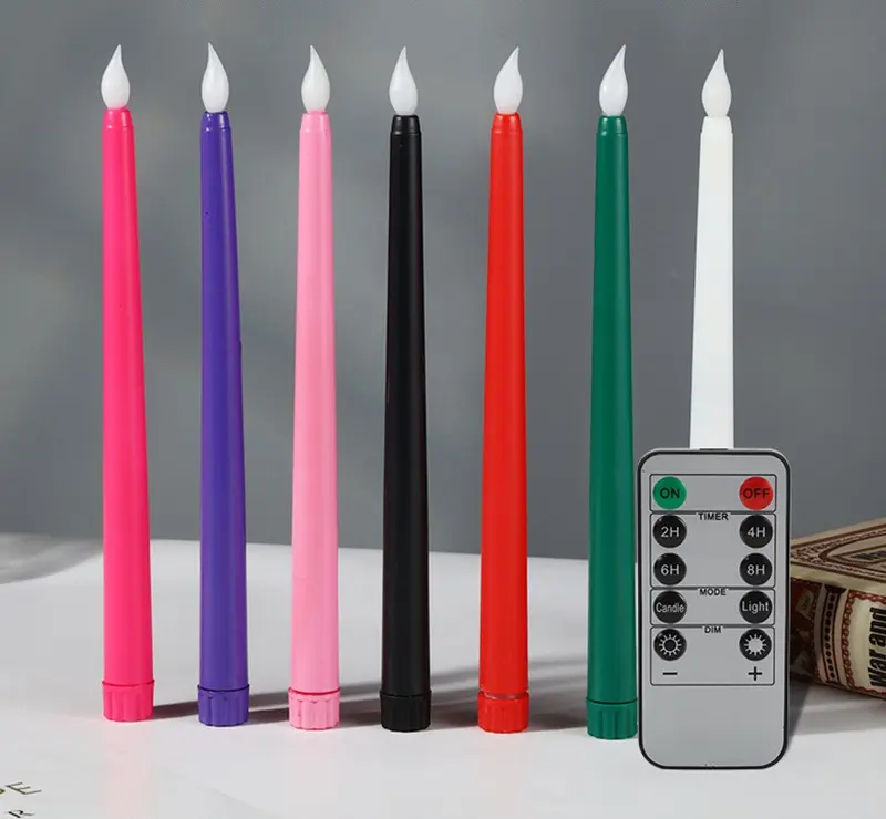 Velas cónicas LED de mecha 3D parpadeante sin llama, operadas por batería, candelabros largos coloridos de 11 pulgadas para decoración de mesa