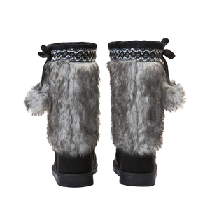 Women Slip On Mid Calf Snow Boots Faux Fur Pom Pom Lace <b>Bow</b> Trim Plush Warm Lining Black Daily Outdoor Ladies Winter Footwear - Product Image 3