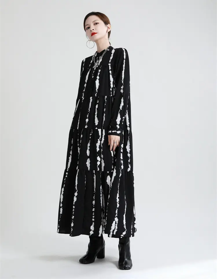 Autumn Clothes New Designer Irregular Print Dress Trendy Loose and Thin Stand-up Collar Long Skirt
