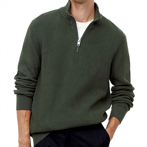 Suéter de Punto con Cierre de Cremallera de un Cuarto para Hombre, Color Verde Oliva, Corte Regular, Color Sólido, Cuello Alto Informal, 100% Algodón, Transpirable, para Otoño - Product Image 1
