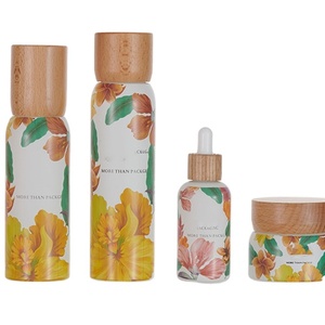 竹製パッケージ マットホワイトガラス 化粧品用天然木蓋付きボトルとジャー - Product Image 1