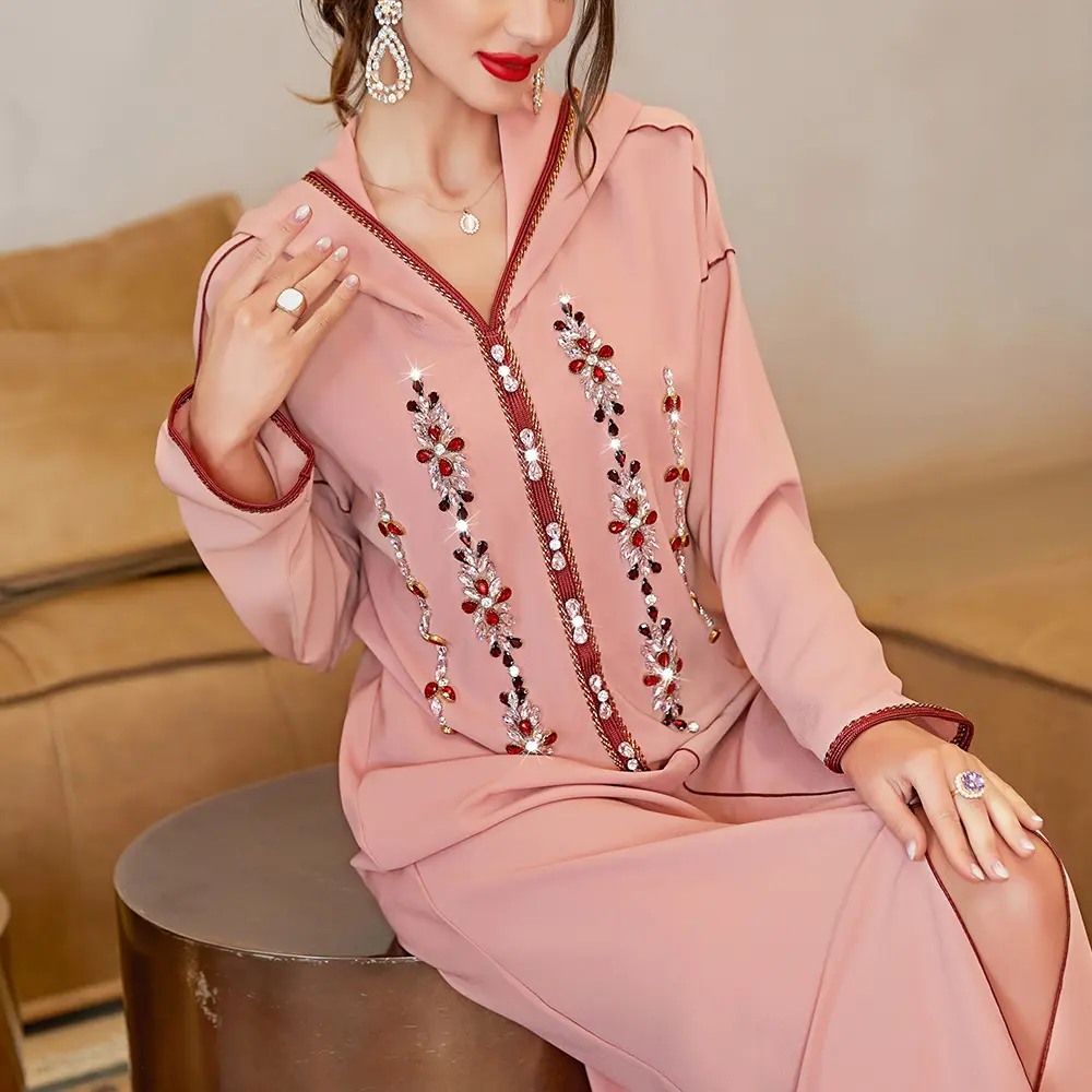 2023 musulman pierre perles moderne Abayas conceptions à capuche dubaï robes pour femmes large manchette avant fente coupe longue robe modeste