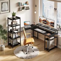 Bureau moderne en bois en forme de L avec support pour moniteur Table d'étude d'angle Bureau d'ordinateur noir avec étagère