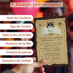 Carte d'invitation d'anniversaire sur le thème des pirates, style français, personnalisée, en papier rectangulaire, finition mate, design vintage européen - Product Image 3
