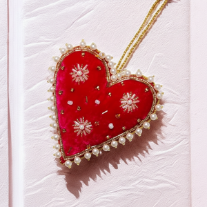 Adorable Look Heart Shape Zari Hanging | Pearl & Beads Embroidered Decorative Wall <b>Ornament</b> I Valentine Heart Decoration - Product Image 1
