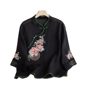 Traditional Chinese Women's Embroidered Cotton Linen Tea Robe Red Mid Sleeve Stand Collar Shirt With Floral Design - Product Image 5