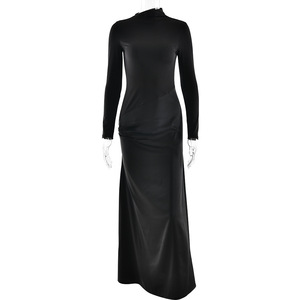 Robe midi moulante à col montant et manches longues pour femme avec fente, taille naturelle, confortable pour les loisirs - Product Image 5
