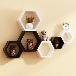 Vente chaude affichage moderne hexagone bois nid d'abeille ornement modulaire flottant coloré en bois massif étagère murale étagère de rangement - Product Image 2