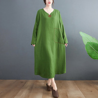 Taille libre couleur unie rouge décontracté automne hiver col en V Maxi broderie quantité minimale de commande bas lin coton robe dames à manches longues avec poches