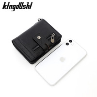 Dompet pria Retro 2 lipat vertikal, dompet kulit asli multifungsi, kancing dekorasi rantai buatan tangan lembut RFID gesper ritsleting