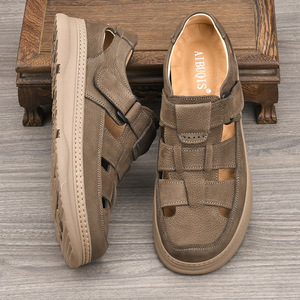 First Layer Cowhide Flat Sandals Open Toe Breathable Rubber Outsole Casual Summer Men's <b>Shoes</b> <b>Hook</b> Loop Closure Genuine Leather - Product Image 3