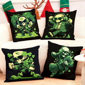 Bantal hias bertema tengkorak Hari St. Patrick dengan shamrock hijau dan headphone untuk dekorasi rumah yang meriah - Product Image 1