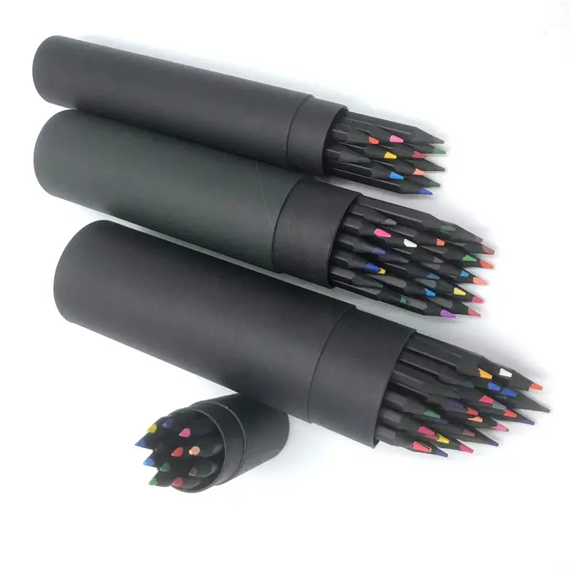 High Quality Black Wood Material Hexagonal Colored Pencil Set With Tube Box Custom 12 Colour Pencil 24 36 Pencil Set Color