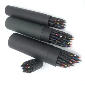 مجموعة أقلام ملونة سداسية الشكل مصنوعة من مادة الخشب الأسود عالية الجودة مع صندوق أنبوبي مخصص مكون من 12 قلمًا ملونًا وعددها 24 و36 قلمًا ملونًا