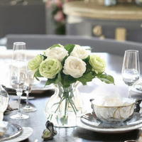 Bouquet de 9 roses artificielles en soie faites à la main, arrangement floral blanc et vert pour mariage, mariée, décoration de maison et de fête - Vente en gros