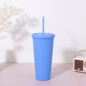 Double Wall 24oz <b>Plastic</b> Tumbler <b>Cup</b> with Lid and Straw <b>Reusable</b> Portable Colorful Drinking Mug for Travel Office Party Gift - Product Image 2