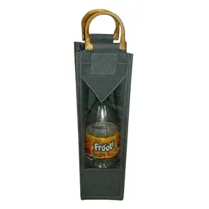 Reusable Coated Nylon Fabric With Wooden Cane Handle Promotional One Bottle Wine Bag For Wine Brand Promotion