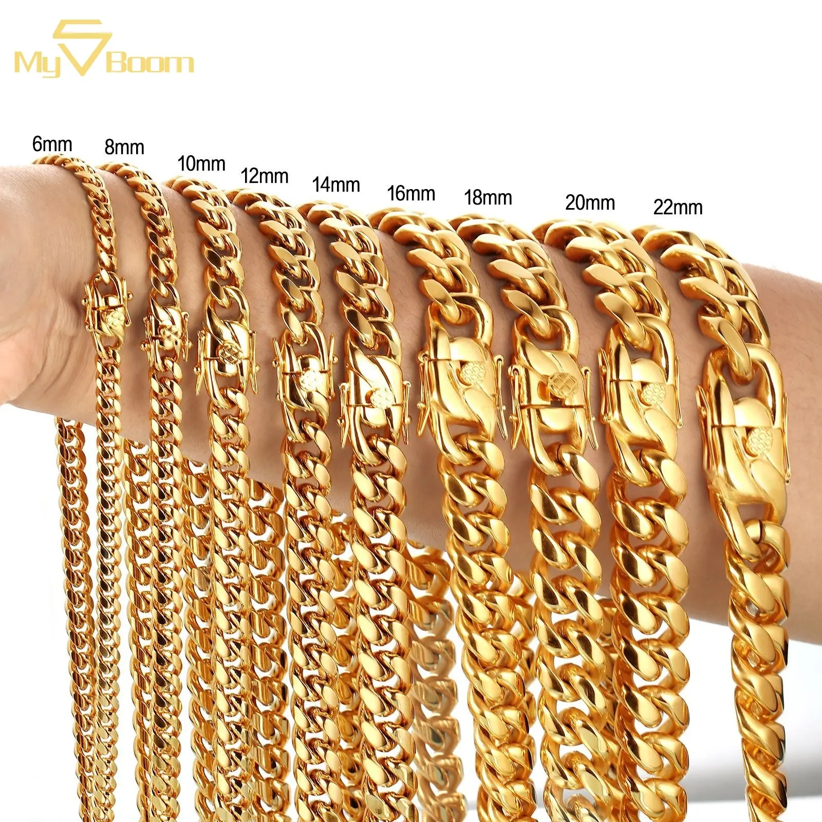 Vente en gros de collier cubain en titane 6-22mm Hip Hop plaqué or 18 carats Bracelet cubain Miami chaîne à maillons cubain en acier inoxydable