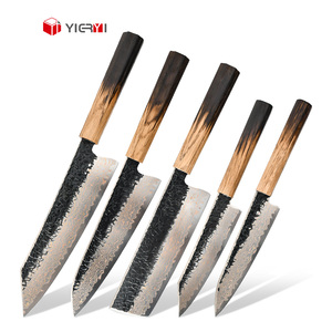 Ensemble de 5 couteaux de chef en acier carbone, acier damas et cuivre, manche en bois de chêne fumé massif, couteaux de cuisine japonais forgés à la main - Product Image 4