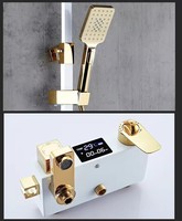 Ensemble de douche moderne avec barre coulissante, finition laiton brossé, commande thermostatique, pommeau de douche carré, fixation murale, buse pressurisée, idéal appartement