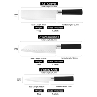 Ensemble de 3 couteaux de cuisine japonais écologiques, lames en acier inoxydable, manche en PP, comprenant un couteau Santoku, un couteau de chef et un couteau à sashimi