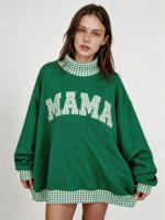 Sweat-shirt à col montant brodé patchwork pour femme, en coton, manches longues, détail ourlet brut, style décontracté et urbain, pull-over OEM