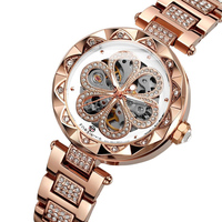 Montre mécanique automatique pour femme, multicolore, or rose, or argenté, cadran squelette trèfle, incrustation de cristaux, montre-bracelet pour femme