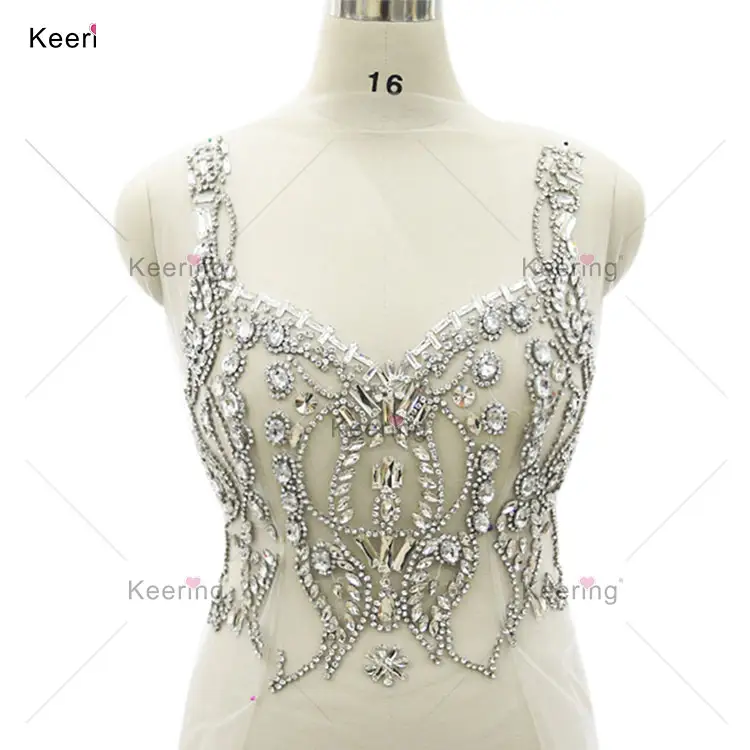 Hand-made big silver crystal rhinestone bodice panel for wedding dress WRA-802