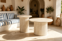Ensemble de tables basses gigognes rondes, plateau en MDF avec autocollant travertin jaune, base cylindrique cannelée, tables d'appoint modernes pour salon
