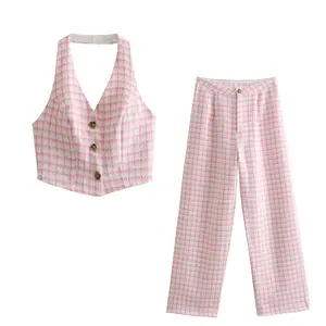 Roze Geruite Kleur Stijlvol Design Dames Halter Hals Vest & Broek Tweed Sets Tweedelige Pakken Kleding