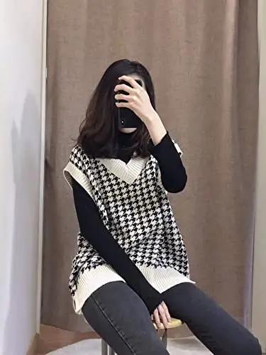 بلوفر نسائي بدون أكمام, بلوفر تريكو برقبة على شكل حرف v بنمط Houndstooth