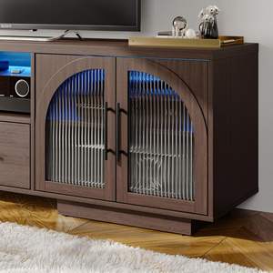 Mueble de <span class=keywords><strong>TV</strong></span> Moderno Europeo con Estantes Ajustables, Acabado en Madera con Imitación a Mármol, Centro de Entretenimiento para Sala de Estar, Luces LED, Vidrio Arqueado - Product Image 3