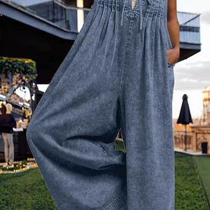 Women Denim <b>Wide</b> <b>Leg</b> <b>Jumpsuit</b> Sleeveless High Waist Casual Summer Playsuit Loose Fit Pantsuit - Product Image 3