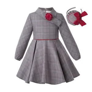 Pettigirl 2023 Herfst Grijze Vintage Casual Kerst Baby Meisjes Jurken Voor Kinderen Verjaardag Plaid Kinderkleding