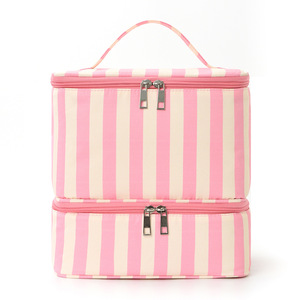 Sac de rangement à grande capacité, à double couche, rayé, en polyester, résistant à l'eau, écologique, avec fermeture éclair, poignée souple, trousse de toilette - Product Image 1