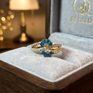 Elegant 24K <b>Gold</b> Luxury <b>Cocktail</b> <b>Ring</b> with Blue Gemstone Floral Design and Diamond Accents for Women's Wedding & Party Wear Gift - Product Image 2
