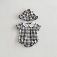 Romper de Verano para Bebé Niña, de Algodón, con Cuello Peter Pan, Manga Corta, a Cuadros, con Gorro