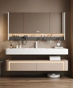 Italian Minimalist Style Solid Wood Bathroom Cabinet Integrated Stone Basin Bathroom <b>Vanity</b> with Smart <b>Mirror</b> - Product Image 4