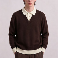 Pull en maille jacquard polyester color-block style preppy coréen pour homme, coupe ample décontractée à revers, collection automne/hiver 2026