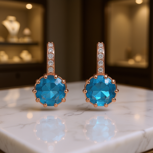 Orecchini Pendenti da Donna Placcati Oro Rosa con Topazio, Gioielli Romantici da Festa, in Lega, Taglio Brillante Rotondo, Montatura a Griffe, alla Moda - Product Image 2