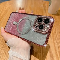 Coque de téléphone transparente magnétique de luxe avec design de lentille latérale en diamant et paillettes dégradées en TPU pour iPhone 16 Plus 15 14 13 12 11 Pro Max