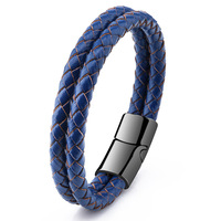 Mode minimaliste bracelets pour hommes logo personnalisé noir PVD plaqué fermoir double couche en cuir bracelet pour hommes père bijoux