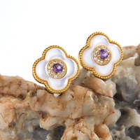 Boucles d'oreilles clous en argent sterling S925 trèfle à quatre feuilles, pierres précieuses colorées en diopside naturel et améthyste, boucles d'oreilles florales pour femmes