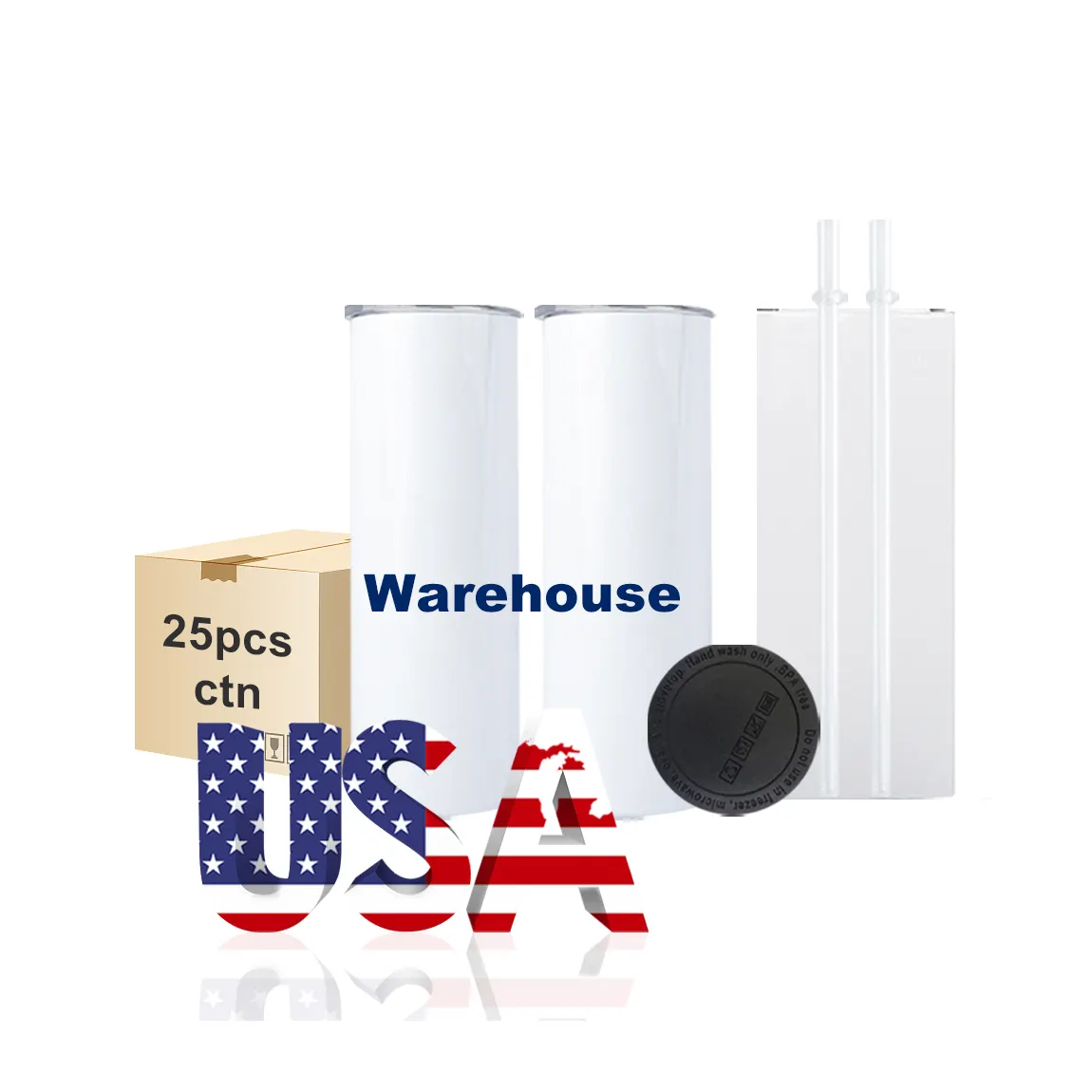 USA Lager Großhandel 20 Unzen Blanks Sublimation Becher Heißgepresst Edelstahl 20 Unzen Sublimation dünn gerade Becher mit Deckel