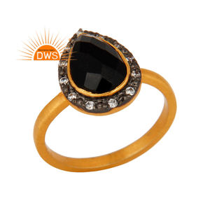 Latest Fashion Gold Plated Sterling Silver Ring Pear Black Onyx Gemstone Zircon Set Ring Jewelry Wholesale - Product Image 1