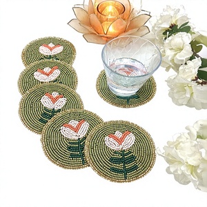 Handmade Eco-Friendly Bohemian Beaded Polyester Cotton Coasters Floral Design Drink <b>Mats</b> Green Orange White Pattern Table - Product Image 1