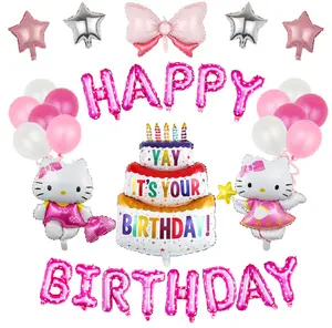 Decorações de festa com tema de feliz aniversário, balão de gatinho rosa, correntes, guirlanda de borboletas para festa infantil