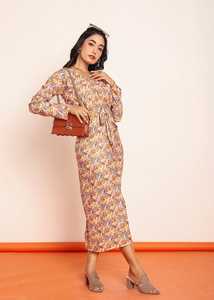 Robe longue imprimée à découpes à la taille avec ceinture, robe décontractée pour femme, en tissu léger, silhouette flatteuse, confortable - Product Image 3