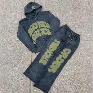 Özel ağır fransız terry aplike nakış seti toptan moda hoodie ve sweatpants için streetwear erkekler